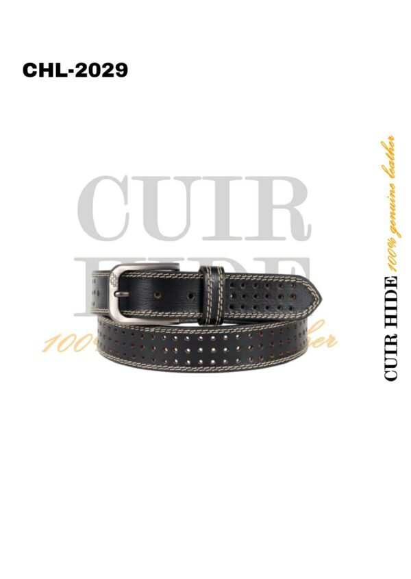 Black Designer Leather Belt with Contrast Stitch & Punch Detail by Cuir Hide - CHL-2029